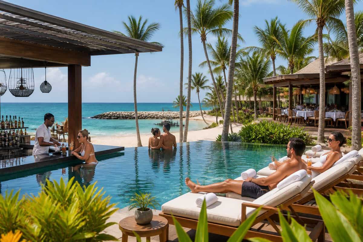 Adults relaxing by an infinity pool at a tropical all-inclusive resort overlooking the Caribbean Sea.