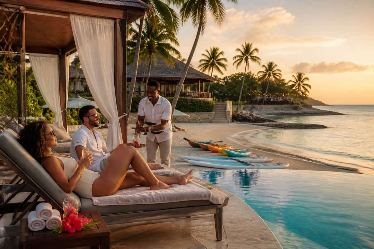 Adult guests relax by a tropical Jamaican resort pool and beach with loungers, a cabana, and water sports equipment.