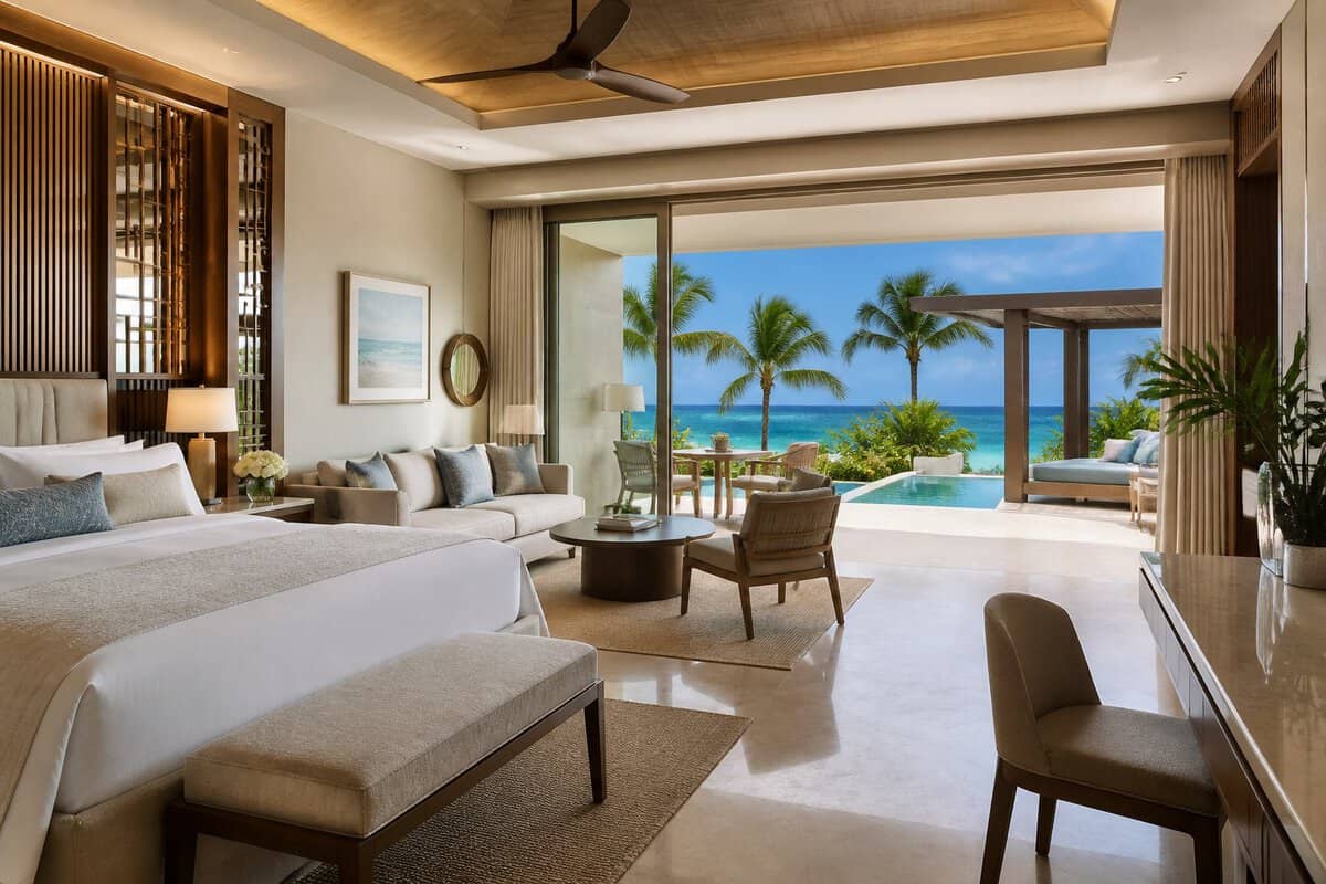 A luxurious resort suite opens onto a tropical balcony overlooking palm trees, a pool, and the Caribbean.
