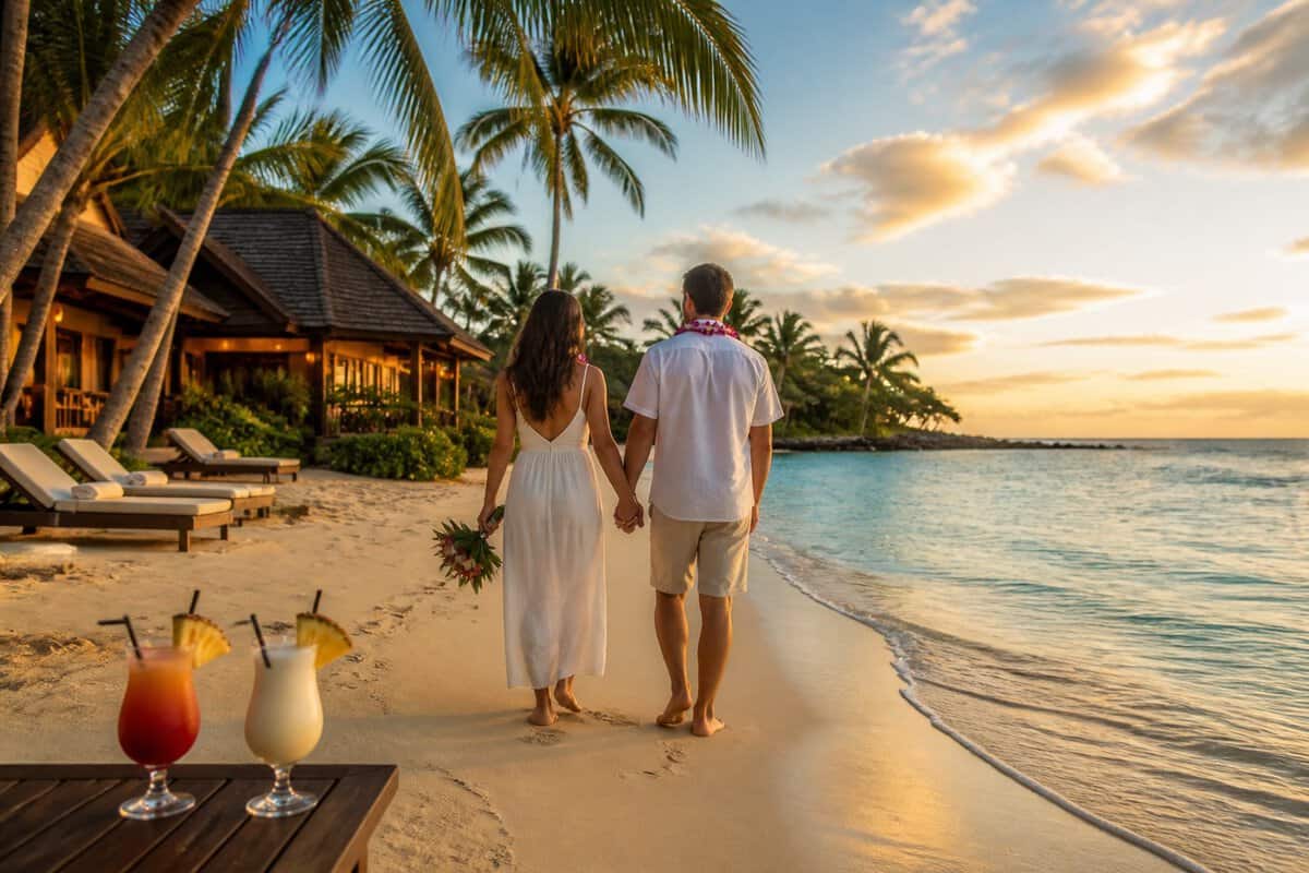 A newlywed couple walks hand in hand along a tropical beach beside an all-inclusive resort.