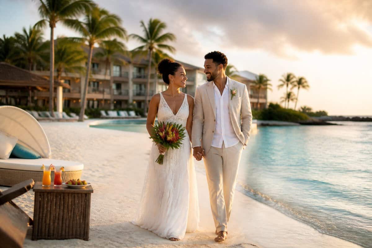 Newlywed couple walking along a tropical beach beside an all-inclusive resort.