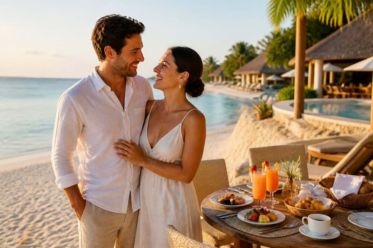Newlywed couple relaxing together at a tropical all-inclusive resort beach.