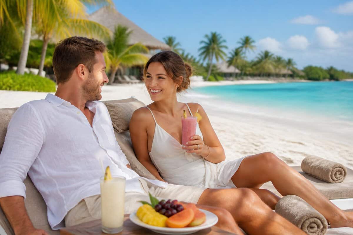 A newlywed couple relaxes together on a tropical beach outside an all-inclusive resort.