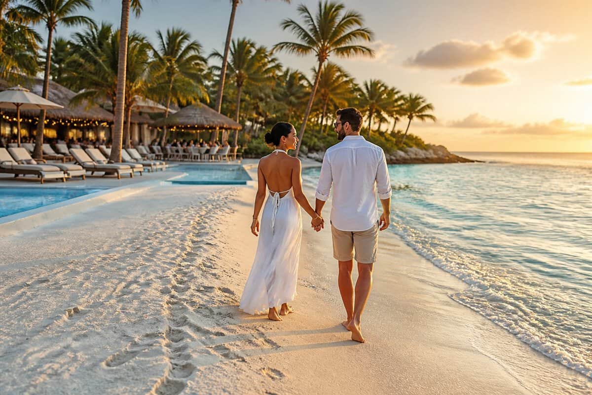 Newlywed couple holding hands on a tropical beach beside an all-inclusive resort.