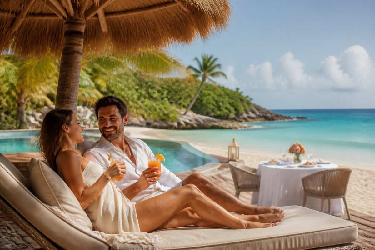 A newlywed couple relaxes together at a tropical beachfront resort with ocean views and romantic amenities.