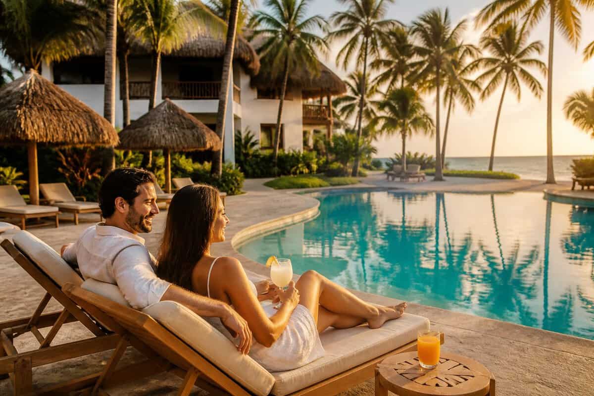 Newlywed couple relaxing beside a turquoise resort pool with palm trees and a beach in the background.