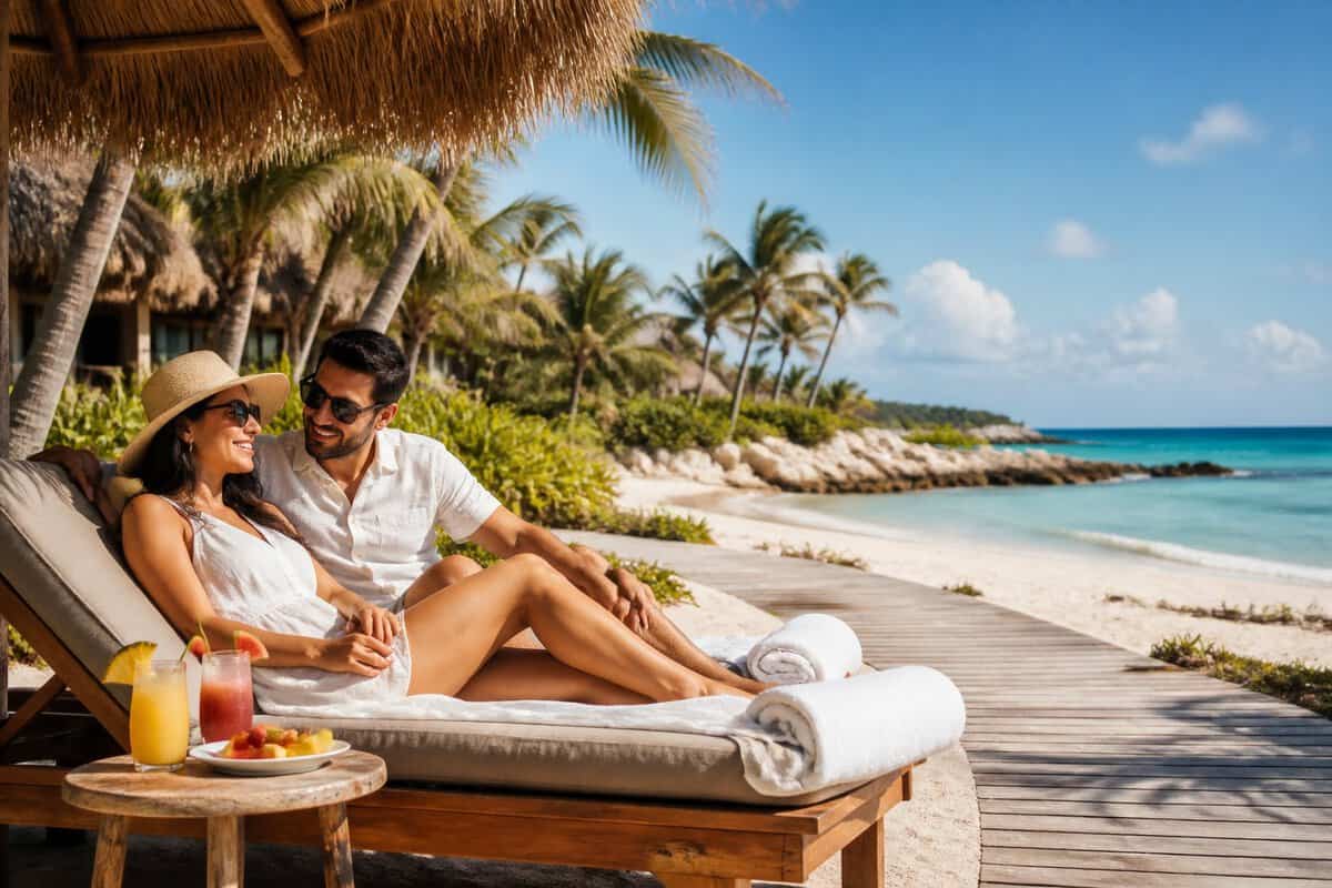 Newlywed couple relaxing together on lounge chairs at a tropical beachfront resort.