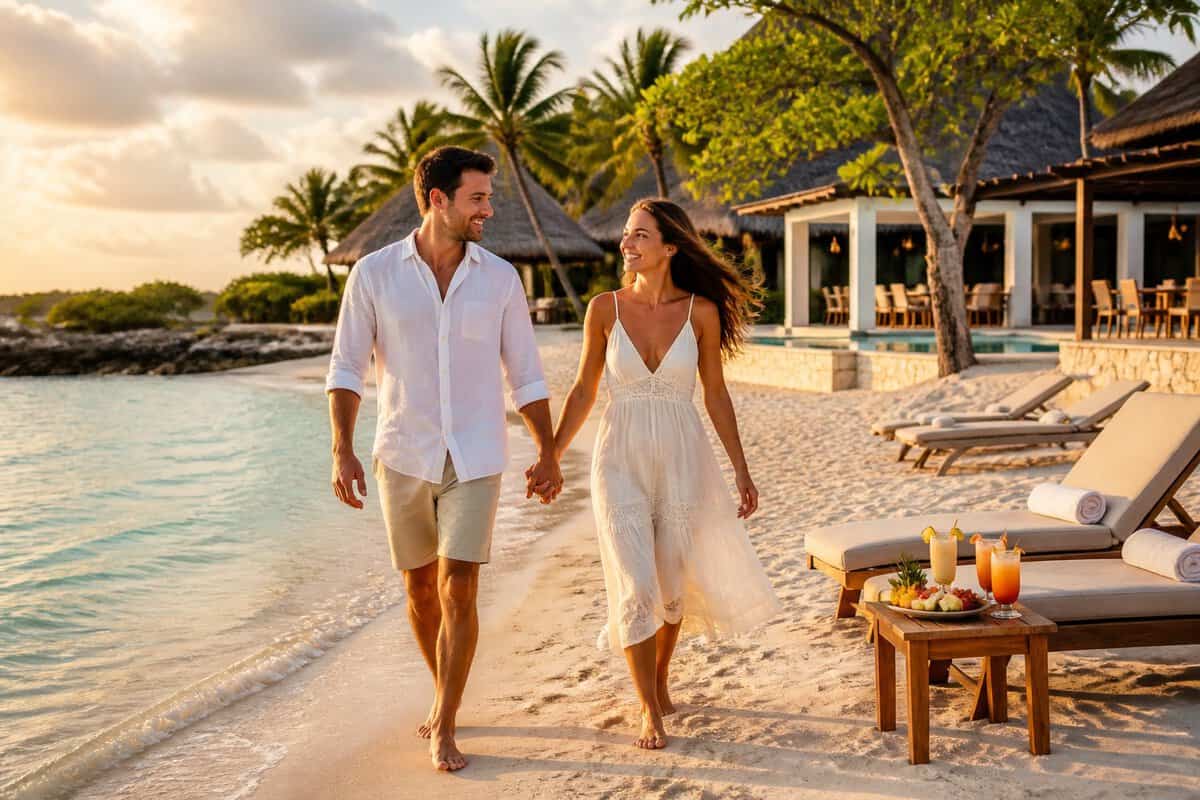 A newlywed couple walks hand in hand along a tropical resort beach with dining and lounge areas nearby.