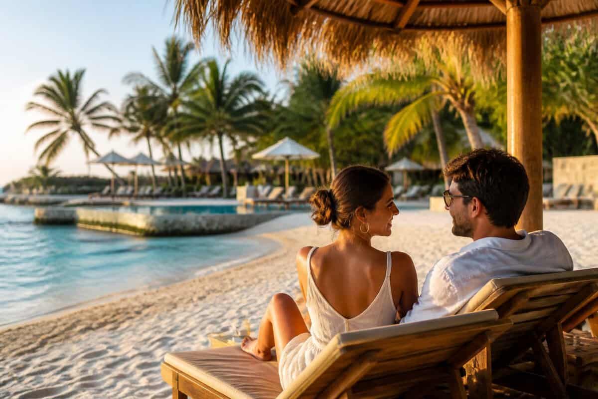 A newlywed couple relaxes beneath a beach umbrella at a tropical all-inclusive resort.