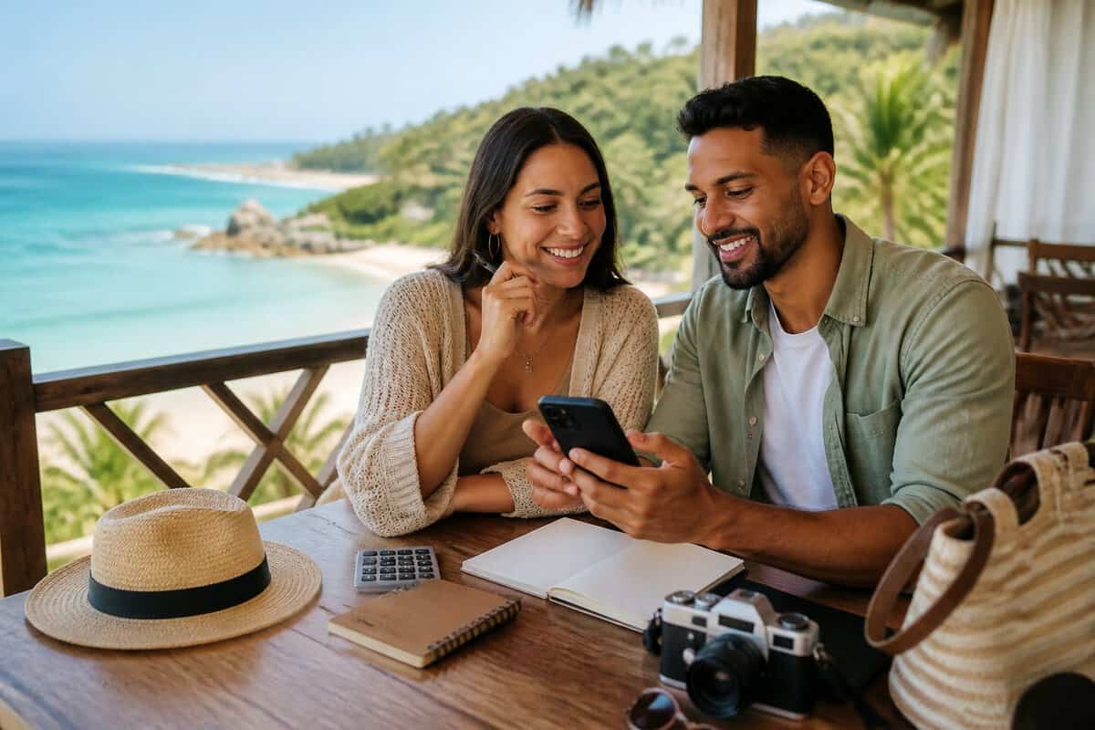 A couple plans their honeymoon budget together on a tropical resort balcony overlooking the beach.