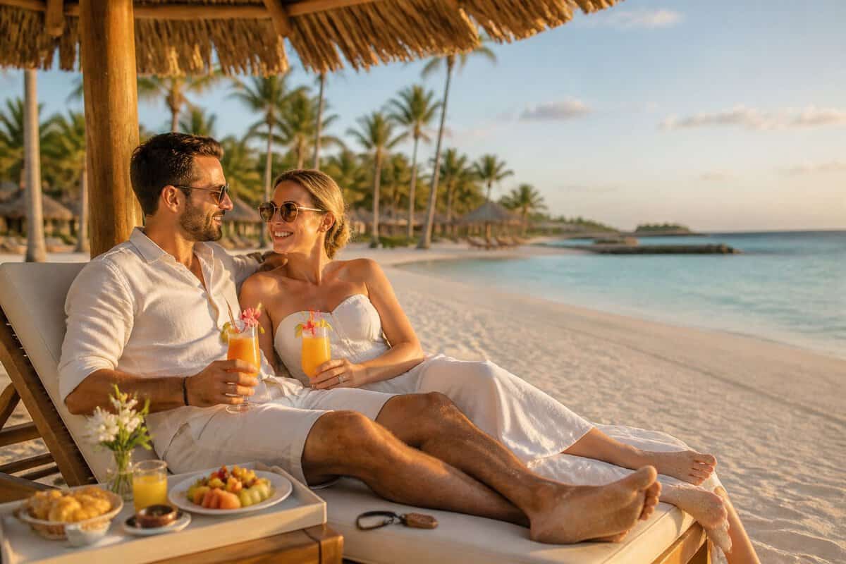 A newlywed couple relaxes at a tropical beachfront resort with drinks and breakfast nearby.