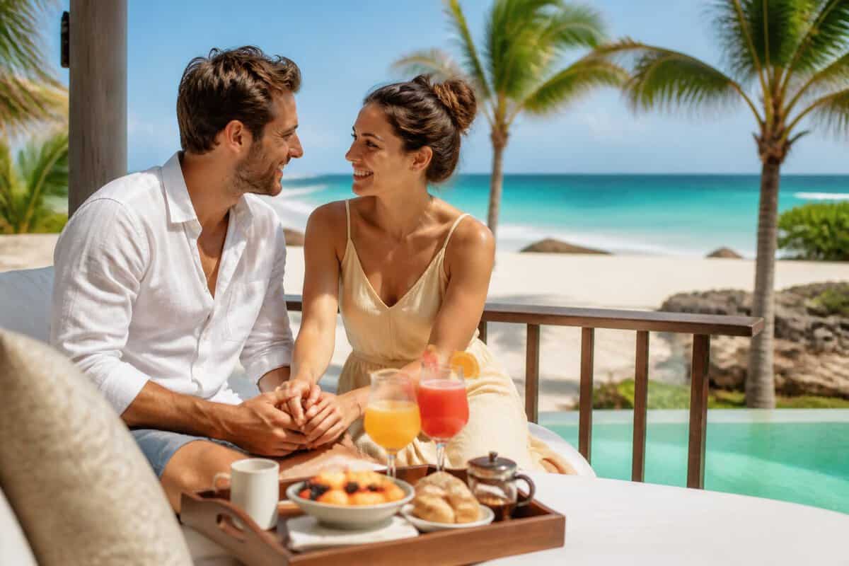 A newlywed couple relaxes together at a tropical beachfront resort with drinks and breakfast nearby.
