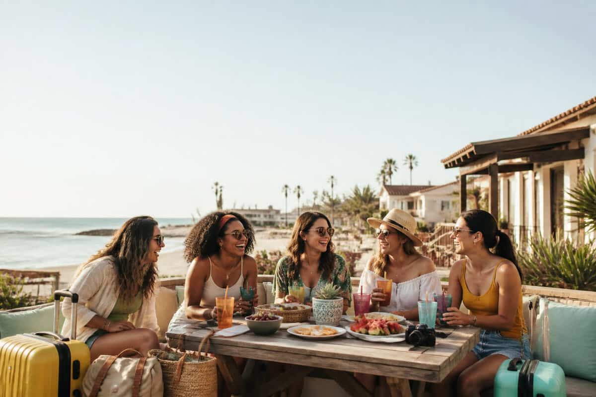 A group of friends enjoying an affordable beach getaway together.
