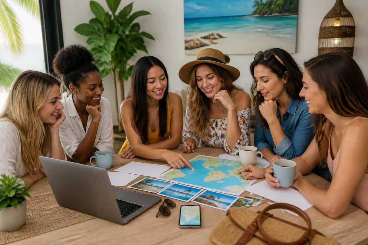 A group of friends compares travel options and plans an affordable bachelorette trip together.