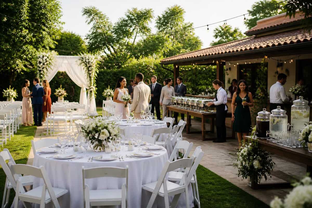Guests gather at a decorated outdoor wedding venue with tables, flowers, and a ceremony arch.