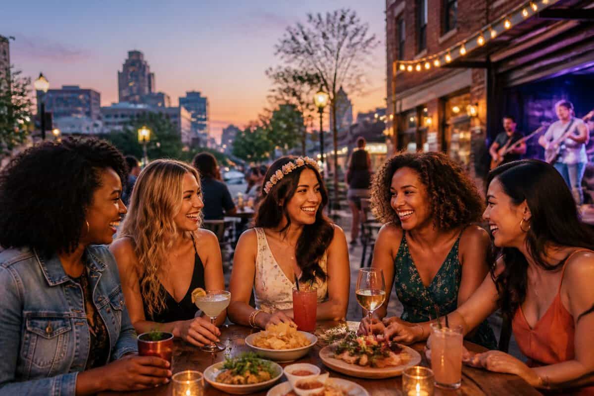 A group of friends enjoys food and drinks together outside a lively city restaurant during a bachelorette celebration.
