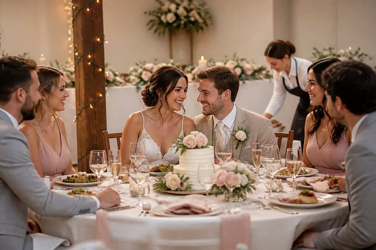 A newlywed couple and guests enjoy a thoughtfully arranged wedding reception with catering, decorations, and table settings.