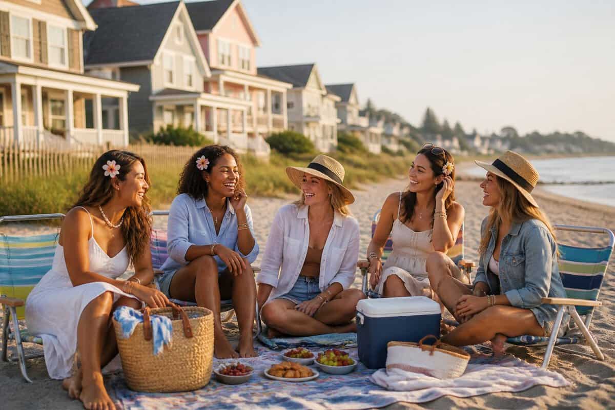 A group of women friends enjoying a sunny beach day in a charming coastal town.