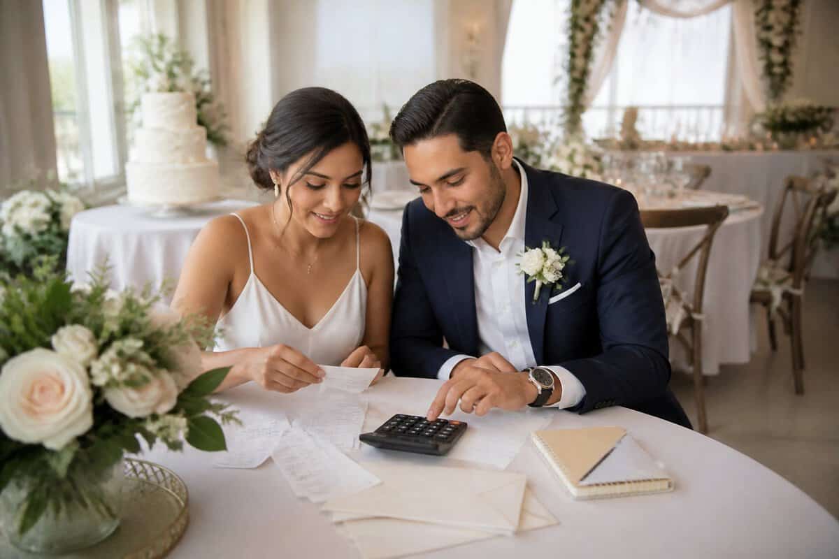A couple reviews wedding expenses at a reception table in an elegantly decorated venue.