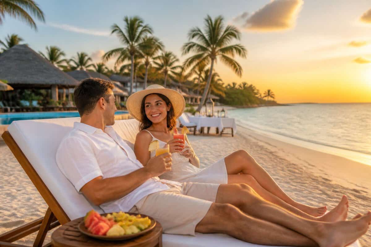 A newlywed couple relaxes together on a tropical beach at an all-inclusive resort.