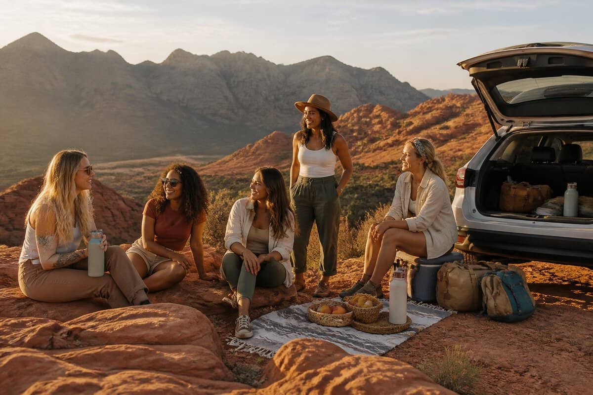A group of friends enjoying an affordable outdoor getaway among desert rocks and distant mountains.