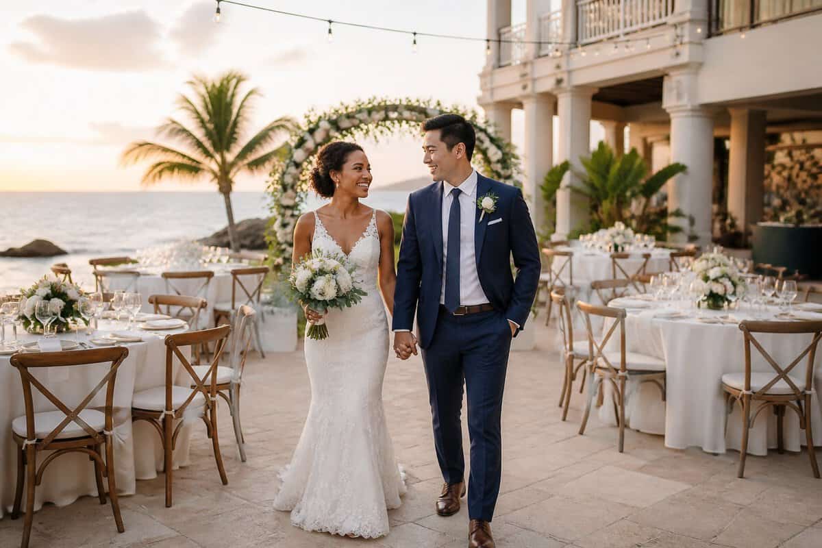 Newlywed couple walking through an elegant all-inclusive resort wedding venue with a decorated ceremony area and reception tables.