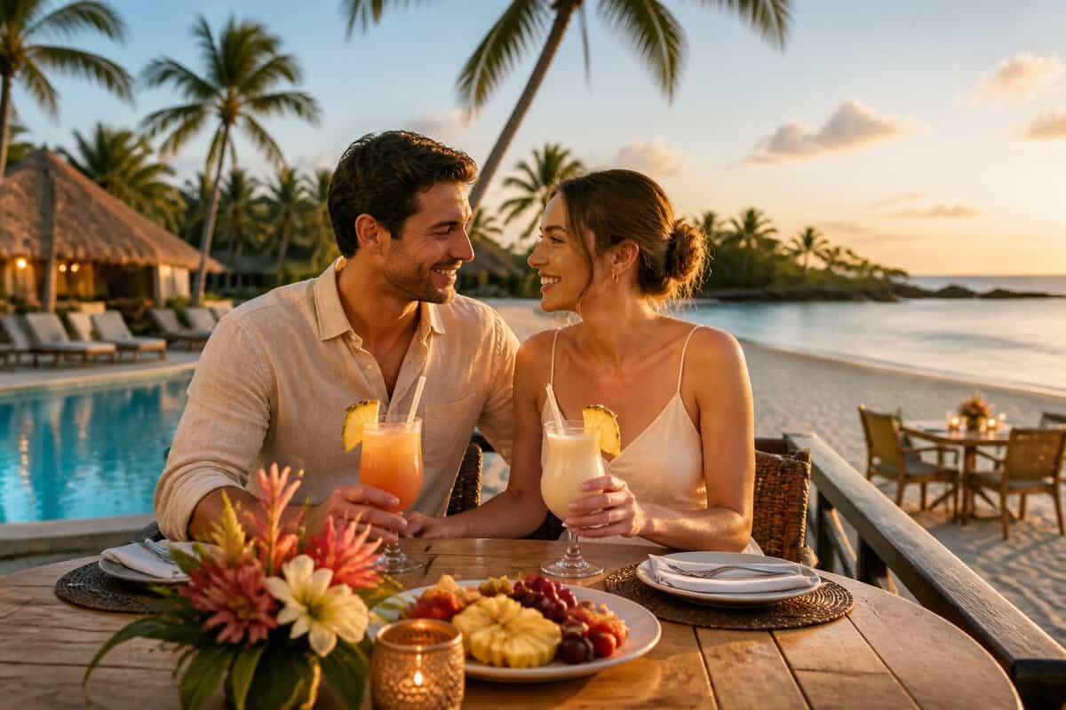A newlywed couple enjoying drinks and fresh fruit on a tropical all-inclusive resort terrace overlooking the beach.