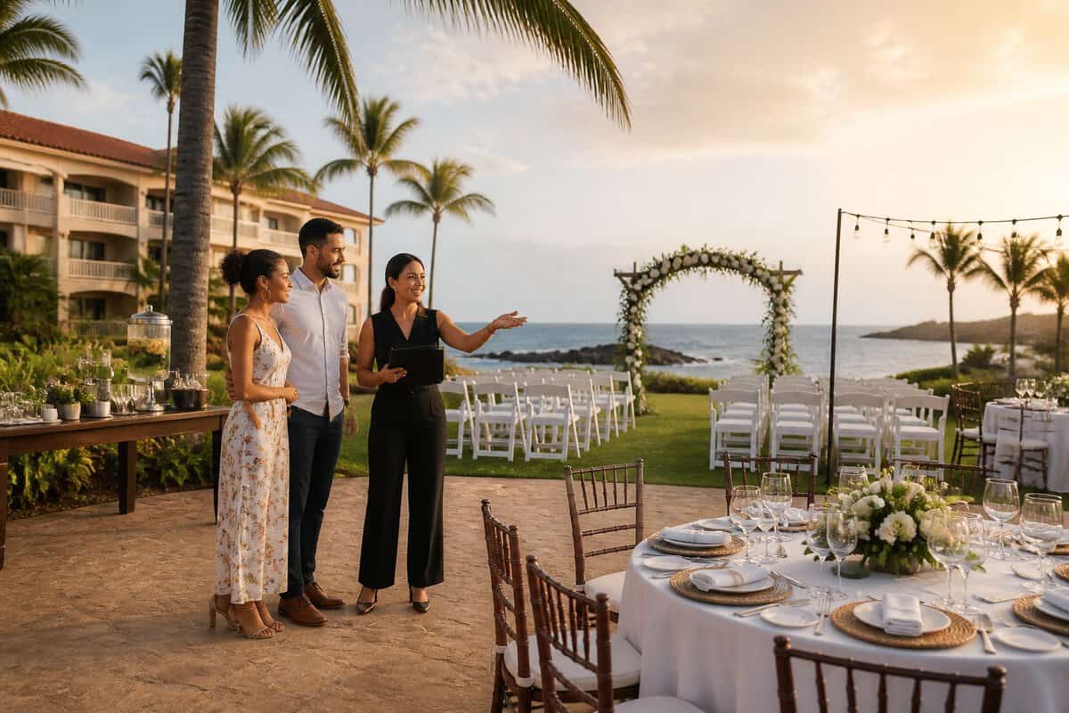 A couple and wedding coordinator view an outdoor ceremony and reception area at an all-inclusive resort.