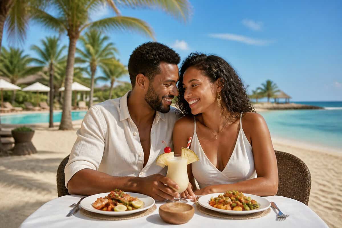 A newlywed couple relaxes together at a tropical all-inclusive beach resort.