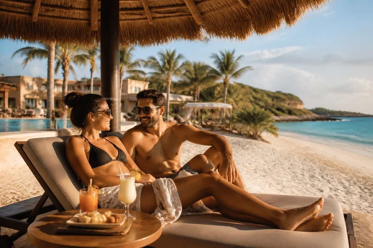 A couple relaxes together on lounge chairs at a tropical all-inclusive beach resort.
