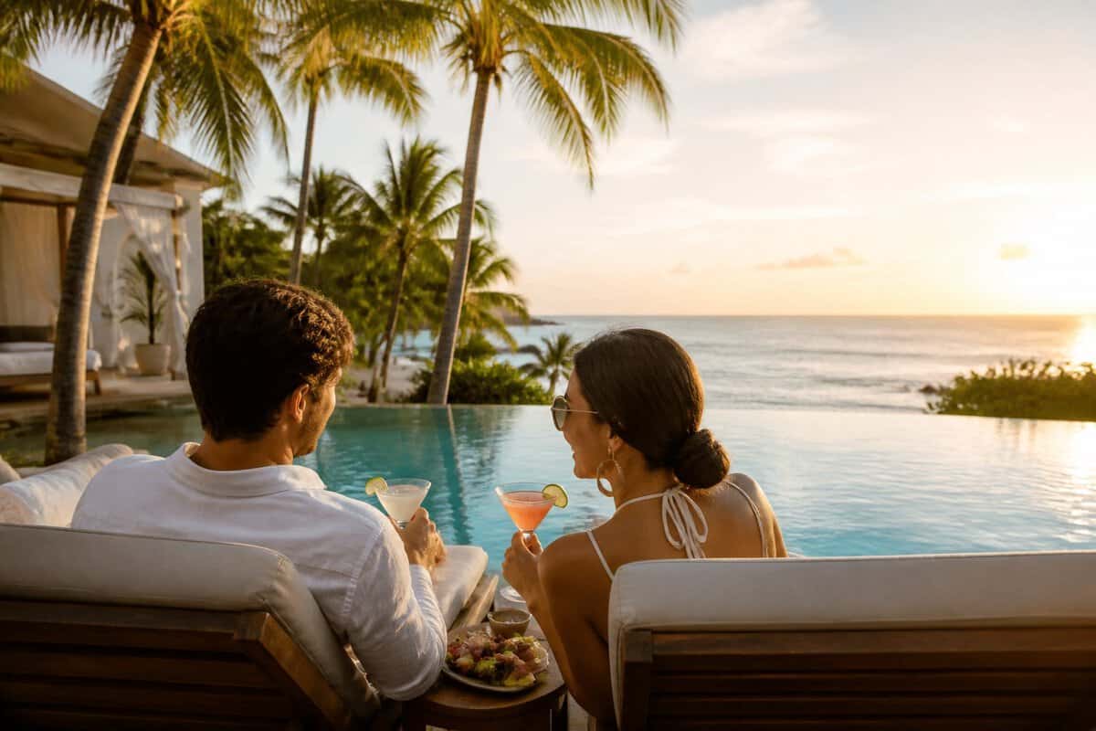 Newlywed couple relaxing beside an infinity pool at a tropical seaside resort.