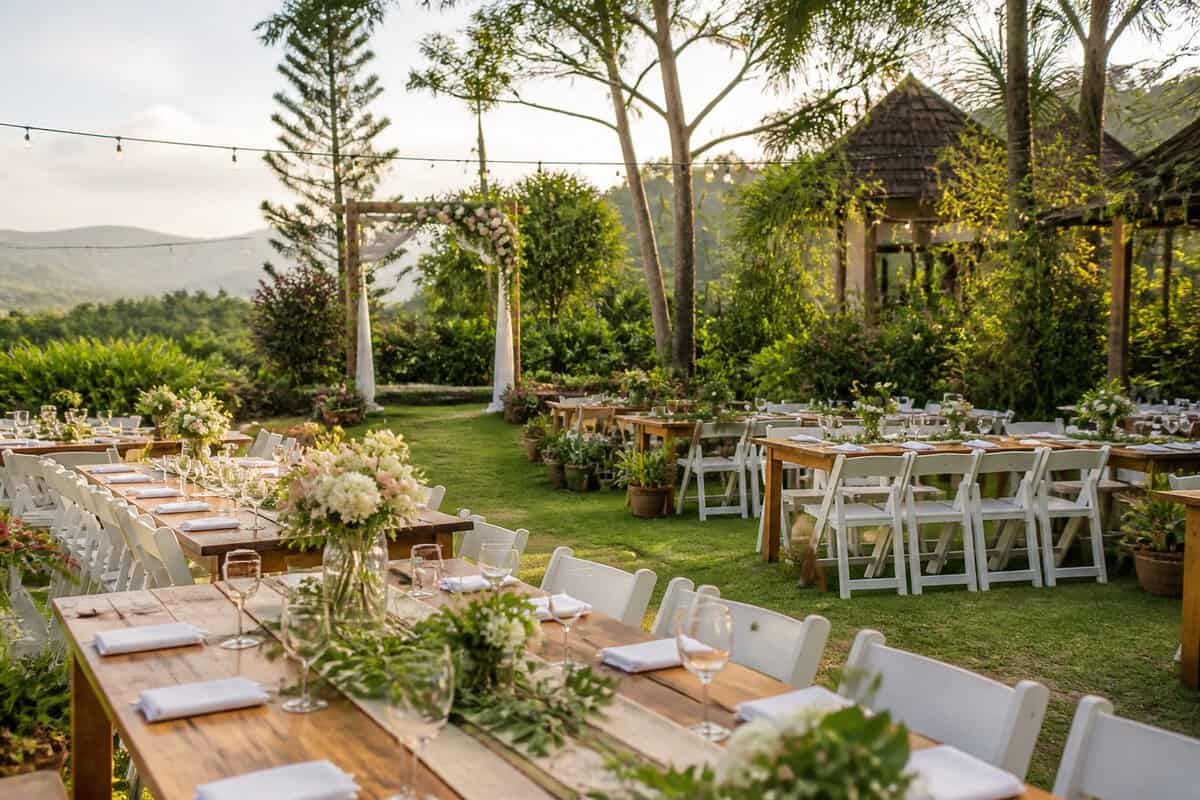 A simple outdoor wedding ceremony setup in a lush garden with floral decorations and mountain scenery.