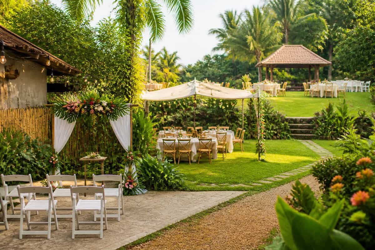Several tropical garden wedding venues in the Philippines shown in intimate, medium, and spacious settings.