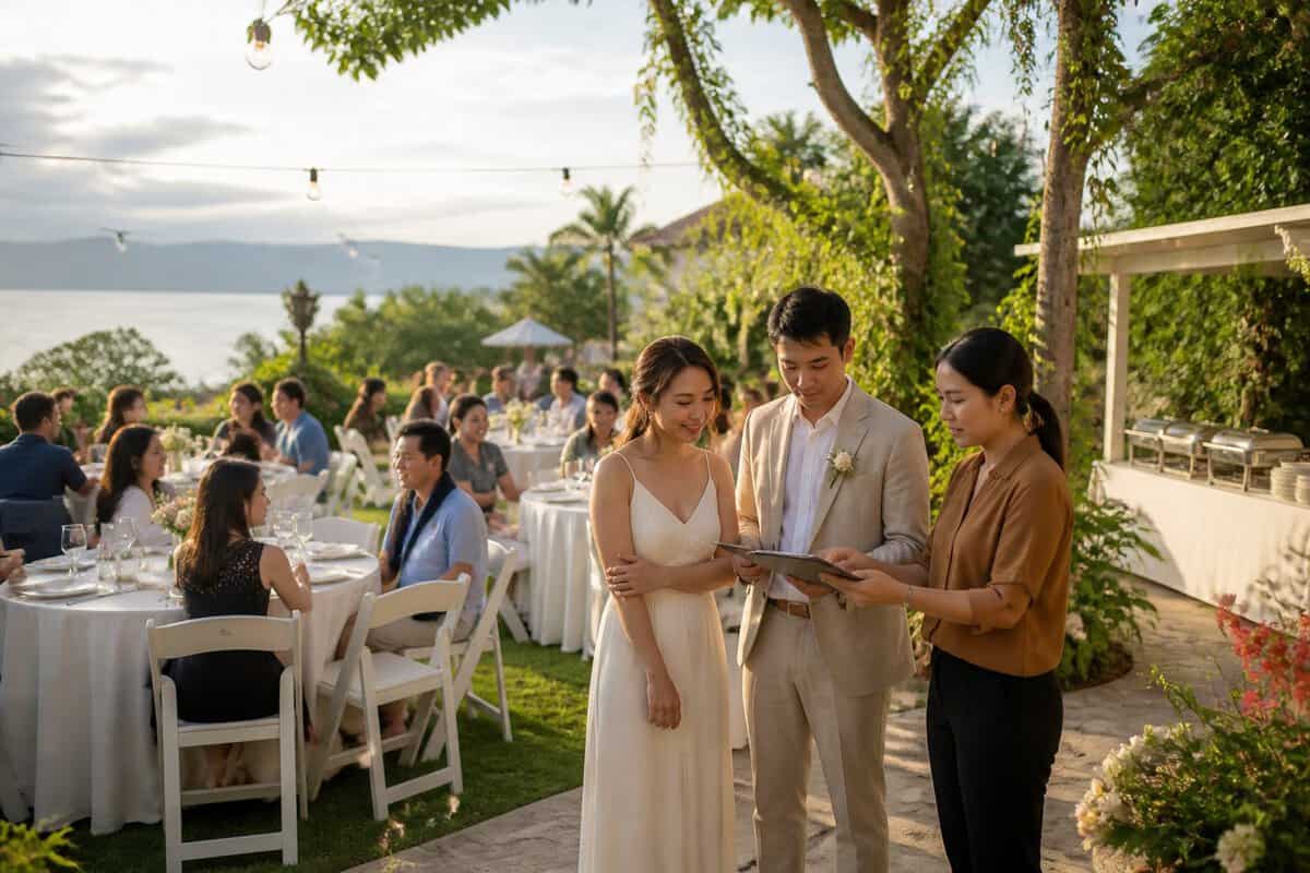 A couple and coordinator review seating arrangements at a modest garden wedding reception in Tagaytay while guests gather nearby.