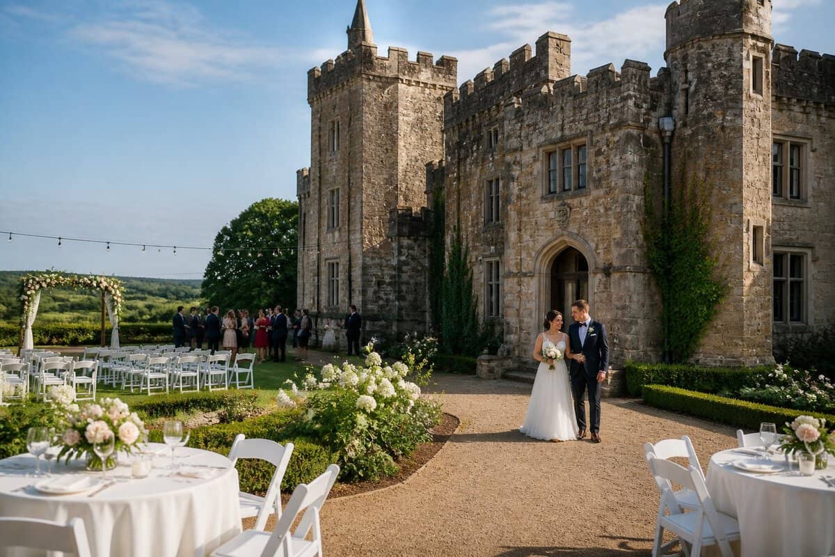 A newlywed couple stands outside a charming stone castle beside a simple outdoor wedding ceremony setup.