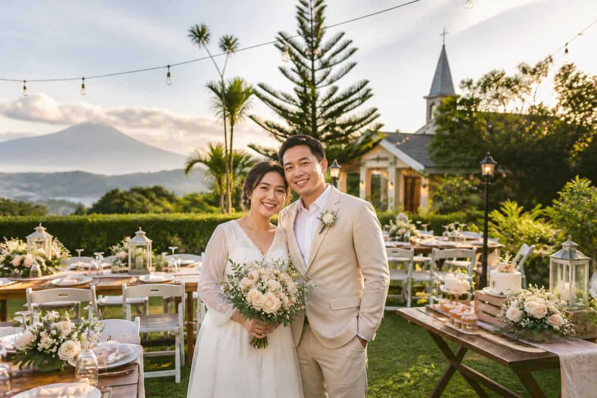 A newly married couple celebrates in a lush garden reception with a small chapel and Tagaytay hills in the background.