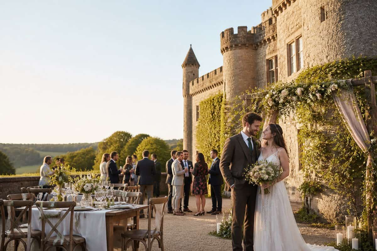A newlywed couple celebrates with guests outside a historic stone castle at a modestly decorated wedding reception.