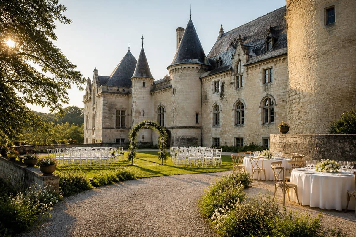 A modest wedding ceremony setup in the garden courtyard of a historic stone castle.