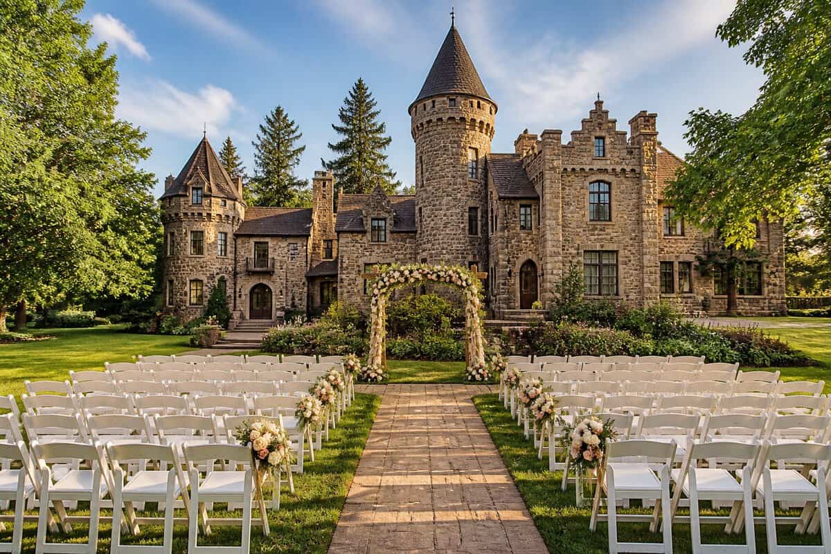 A charming stone castle wedding venue with a simple outdoor ceremony setup on a green lawn.