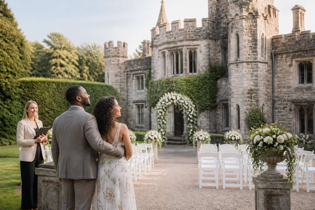 A couple tours a charming castle wedding venue with simple decorations and garden seating.
