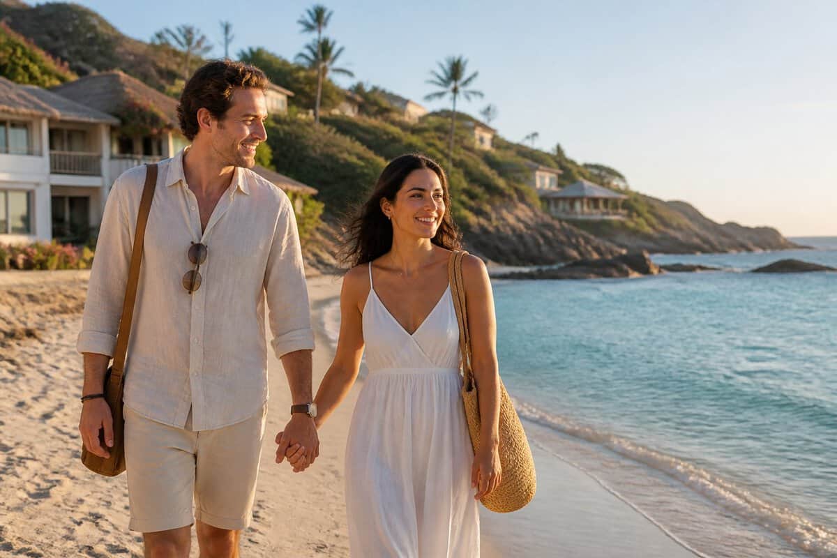 A newlywed couple walks hand in hand along a scenic beach near a charming coastal town.