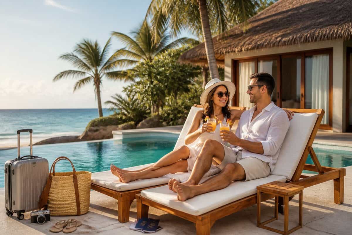 A newlywed couple relaxes by a tropical resort pool near a beach bungalow.