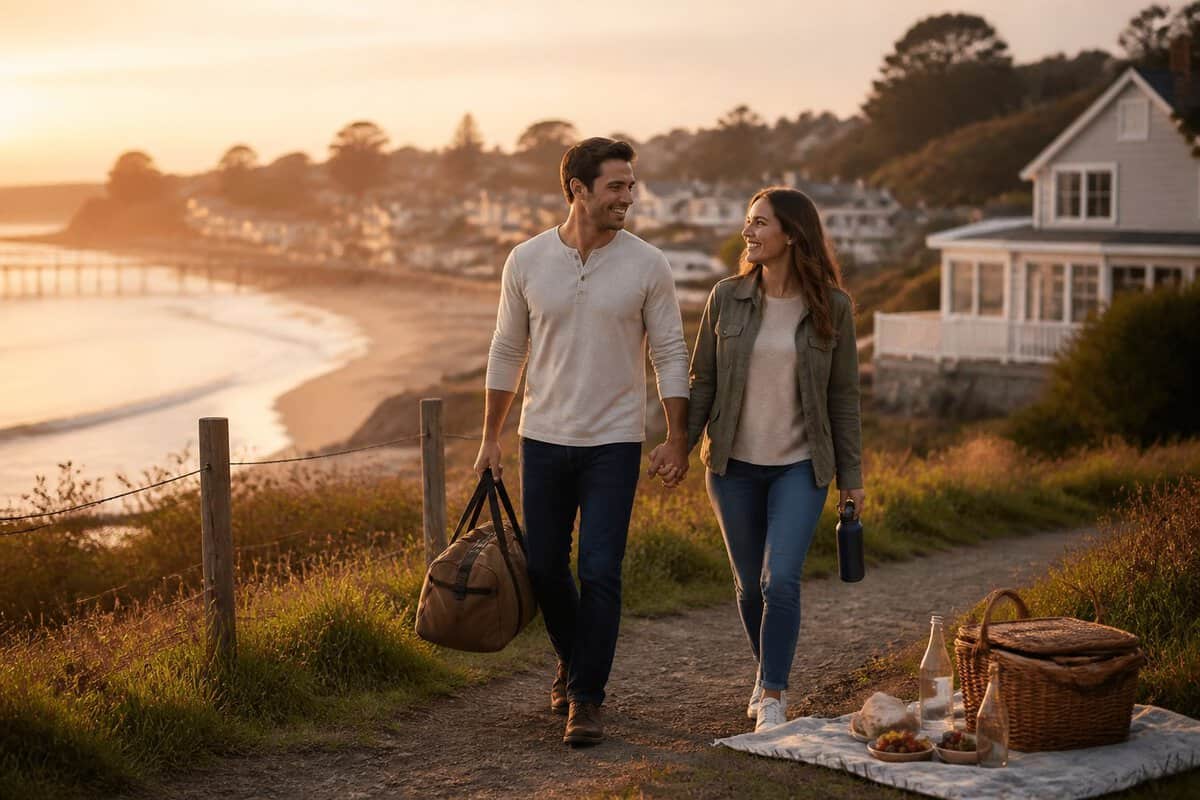 Newlywed couple enjoying a scenic coastal getaway with a small picnic and travel bag.