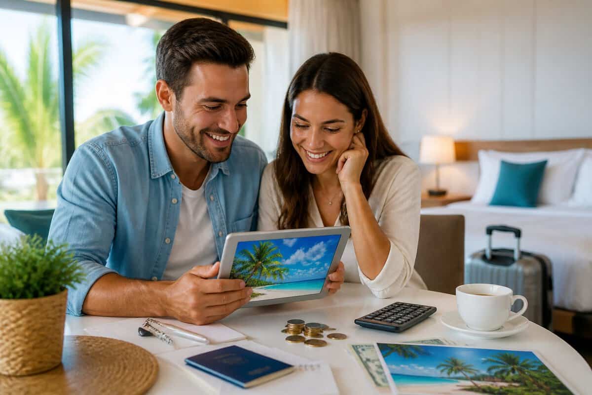 A newlywed couple reviews honeymoon plans and travel expenses together at a bright desk.