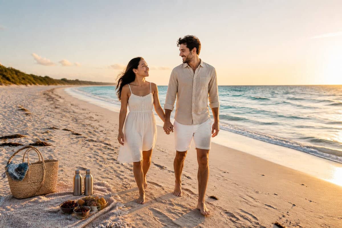 A happy couple walks hand in hand along a sunny sandy beach beside calm blue water.