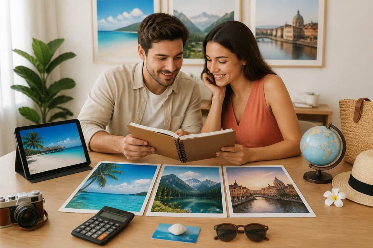 A newlywed couple compares affordable honeymoon travel options at a bright planning desk.