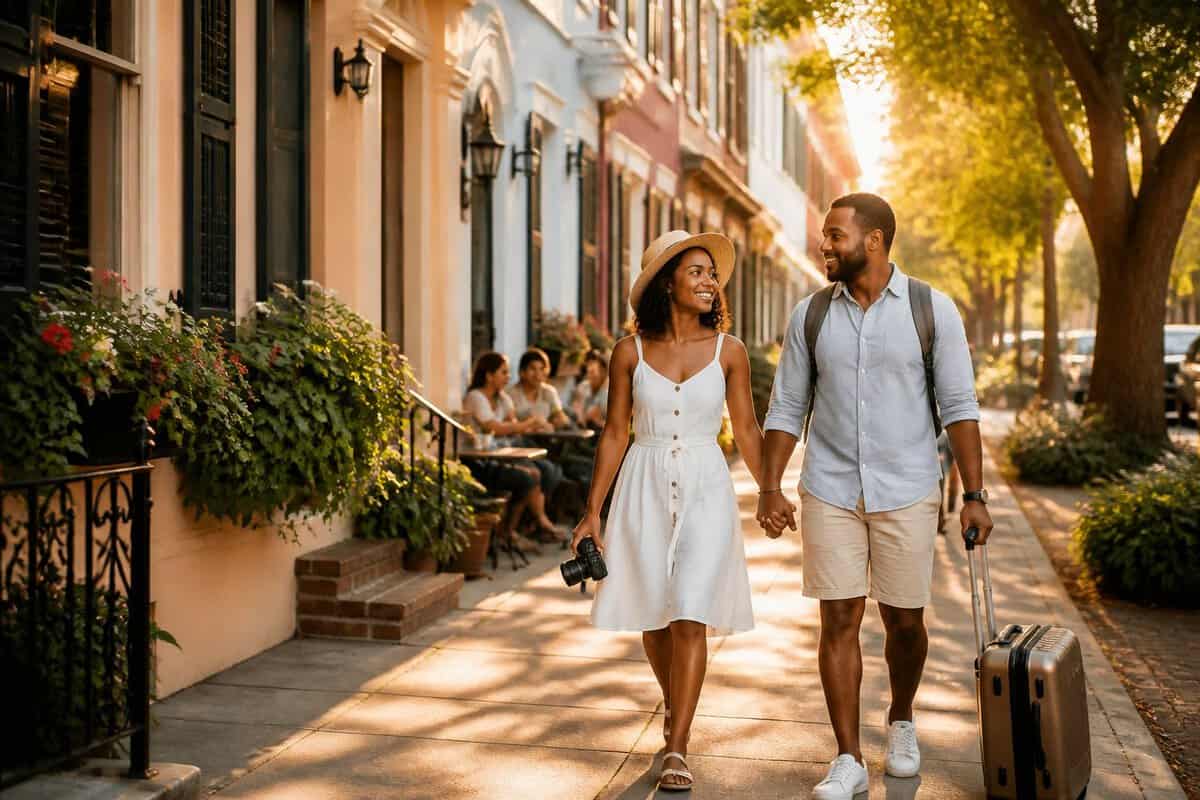 A newlywed couple walks hand in hand along a charming tree-lined street in a Southern city.