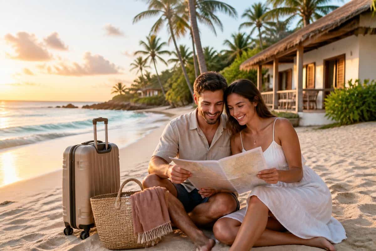 A newlywed couple relaxes on a tropical beach beside their luggage and a small seaside resort.