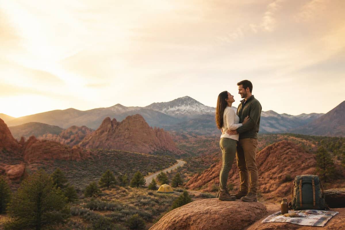 A newlywed couple enjoys a scenic overlook with desert rocks and mountain peaks in a national park.
