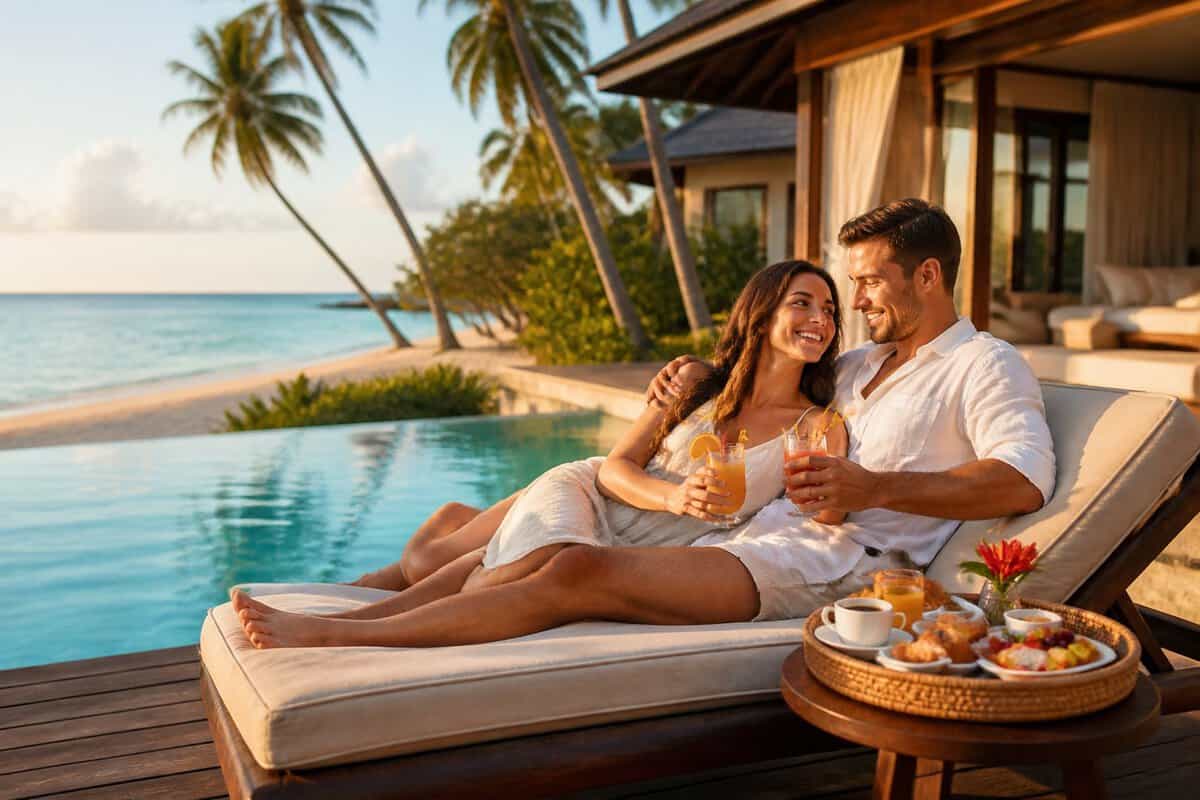 A newlywed couple relaxes beside a tropical resort pool overlooking a beach and turquoise ocean.